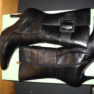 V.O.Z BLACK LEATHER ZIP-UP BUCKLE MID-CALF BOOT HEEL